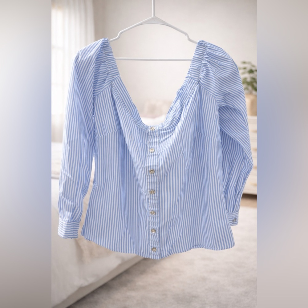 Guess Light Blue and White Striped Button-Down Blouse Crop Top Over Shoulder